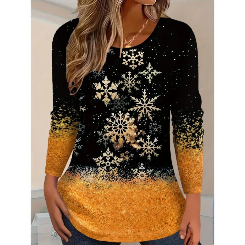 Top cu gât rotund de primăvară și toamnă, cu imprimeu 3D de Crăciun, la modă, casual, cu mâneci lungi, pentru femei