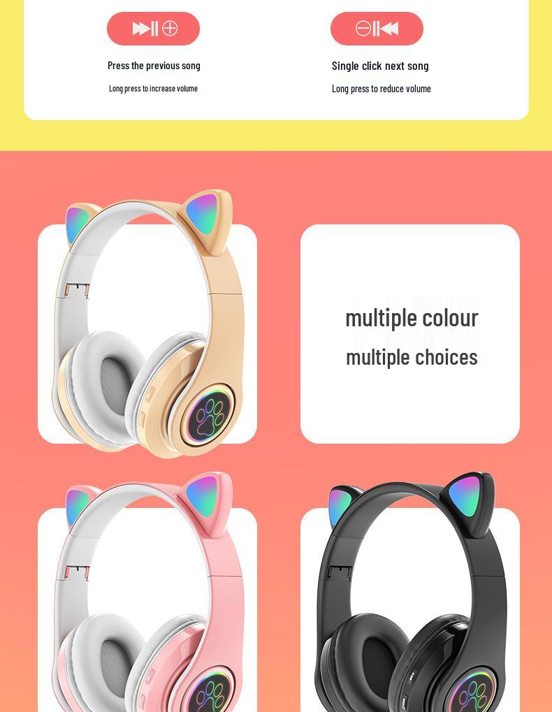 B39 Cat Ear Wireless Bluetooth Over-Ear Headphones: Luminous, Foldable, Heavy Bass, Gaming