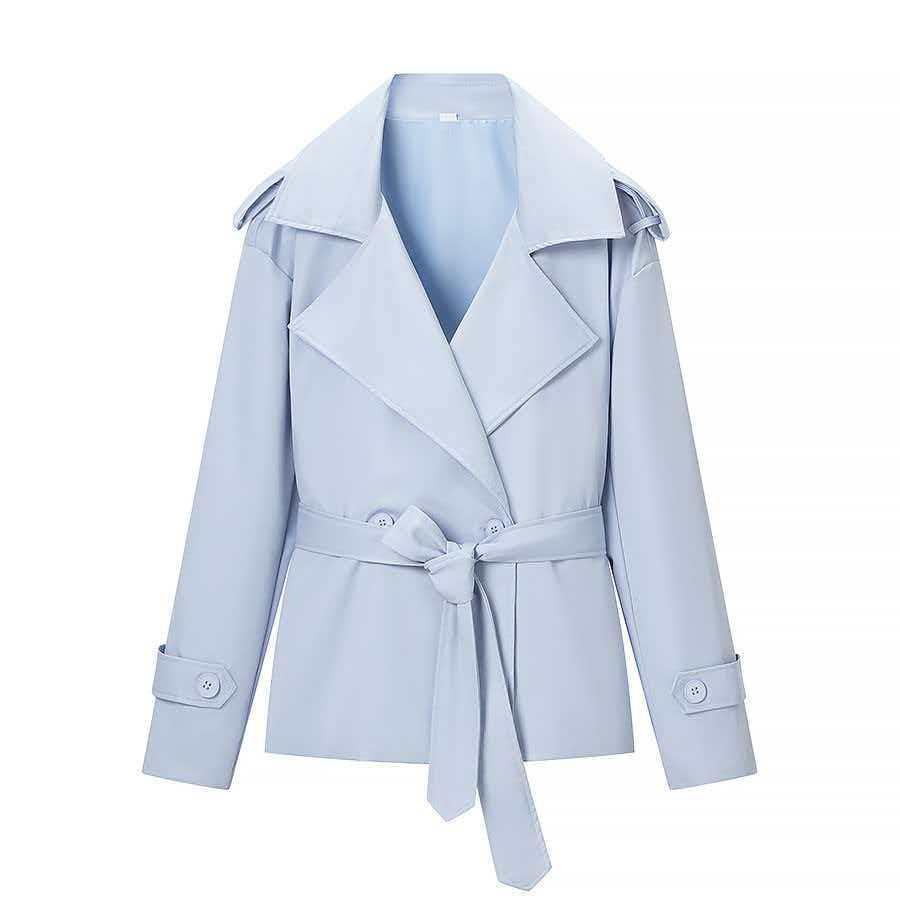 European and American Style Women's Solid Color Belted Short Jacket Windbreaker.