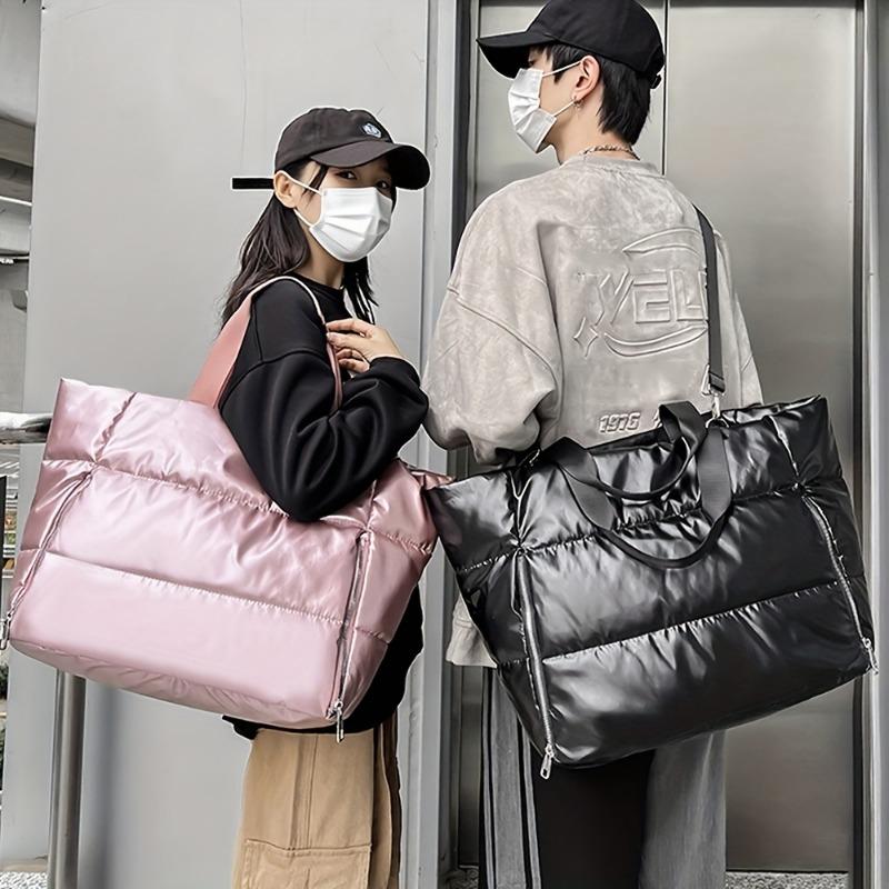 Large Capacity Quilted Nylon Tote Bag for Women Winter Spacious Women's Shoulder Bag for Gym Yoga Shopping Solid Color Padded Space Handbags for Women