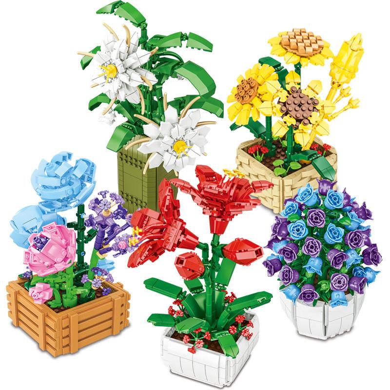 Blocks Building Puzzle Flower Peach Blossom Rose Cherry Blossom Kid Toy Model