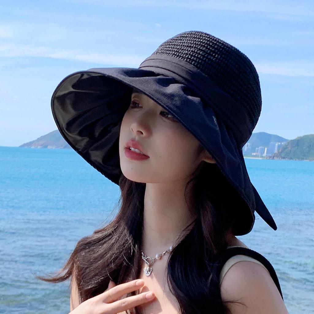 Women's Big Brim Sunscreen Breathable Sun Visor Bucket Hat with Sweet Bowknot