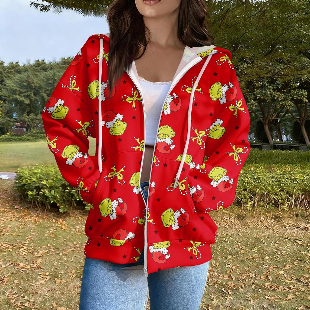 Women's Casual Fashion Long Sleeve Zipper Printed Hooded Sweatshirt