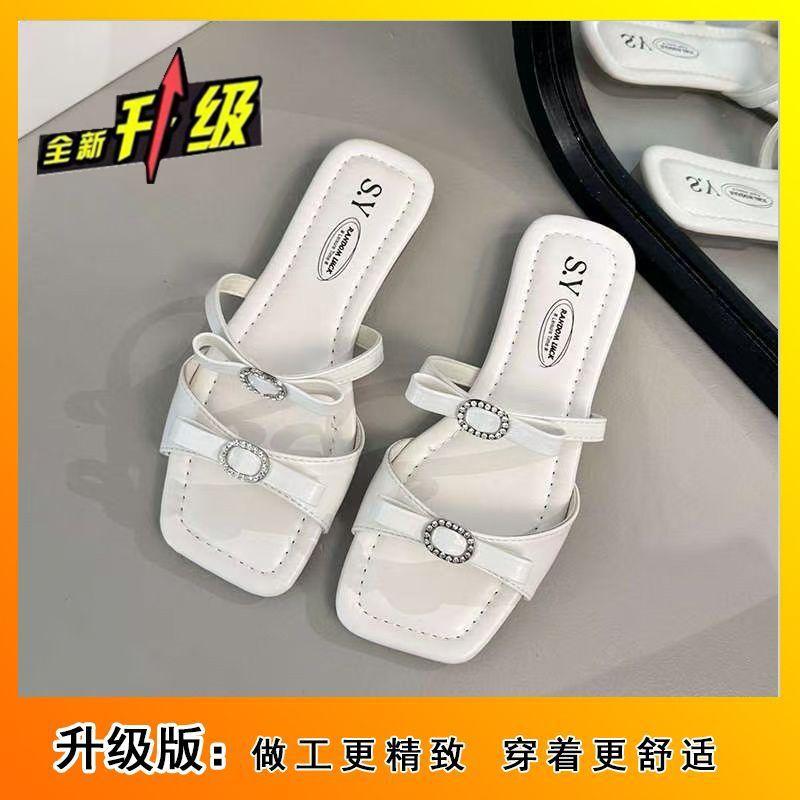 2025 summer new outer wear beautiful square head open-toed cool slippers fairy bow word flat slippers woman