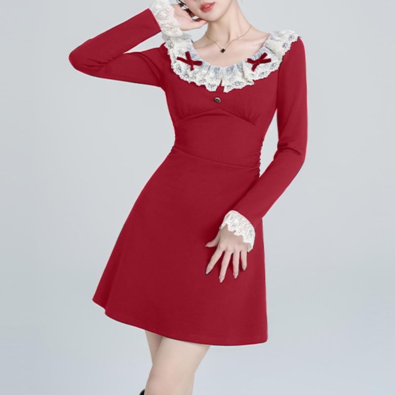 VONDA Women Autumn Lace Round Neck Long Sleeve Dresses