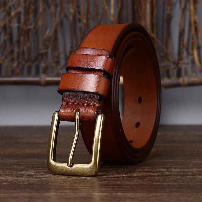 Belt Men's Wide Pure Brass Buckle Leather Pin Buckle First Layer Pure Cattlehide Stylish Simple and Versatile Casual Pants Belt