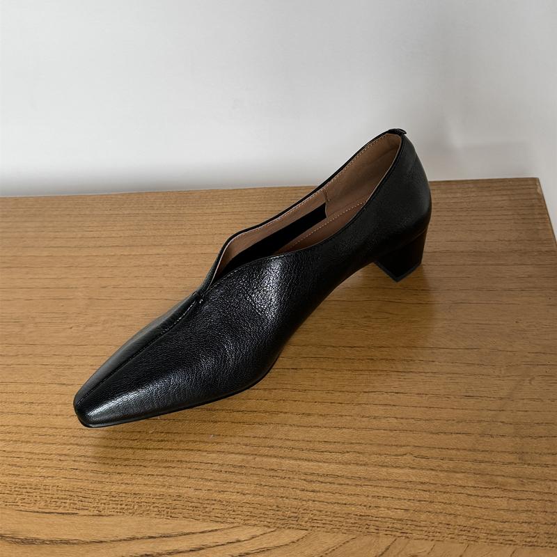 Fashion 2025 New Fashion Spring Women Pumps Square Toe Med Heels Genuine Leather Chunky Heel Pumps Retro Slip On Modern Ladies Shoes