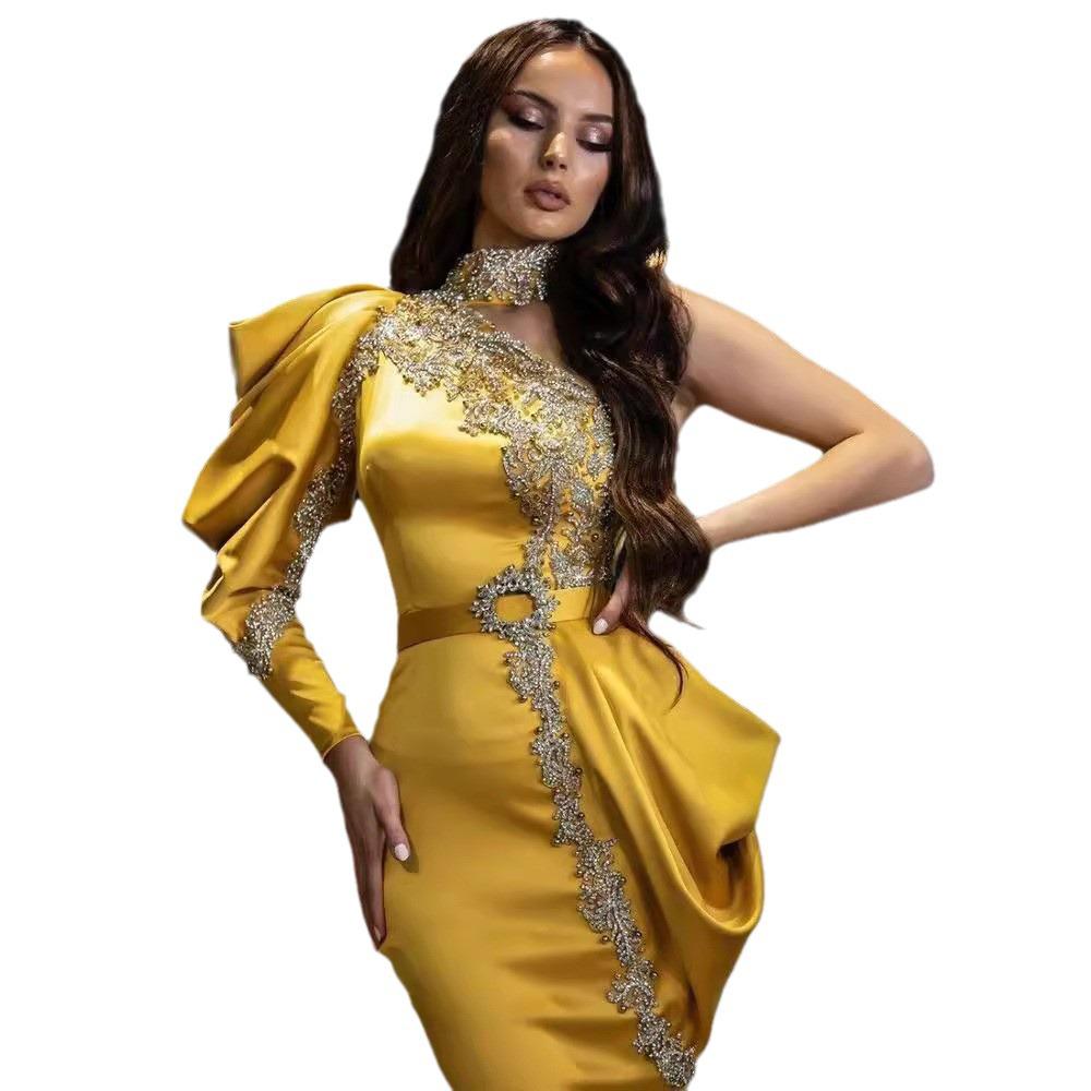 2025 Cross-Border European & American Women's Gold-Accented High-Neck Irregular Banquet Dress