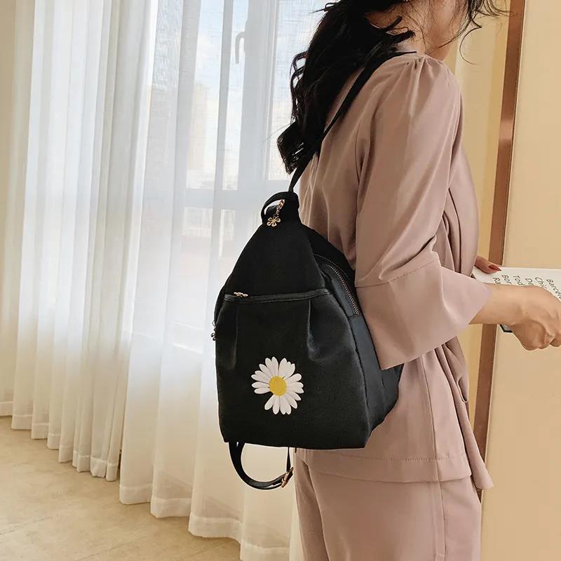 Women Solid Color Zipper Backpack Anti-theft Single Shoulder Bag Versatile Messenger Bag Daisy Embroidery Holiday Backpack