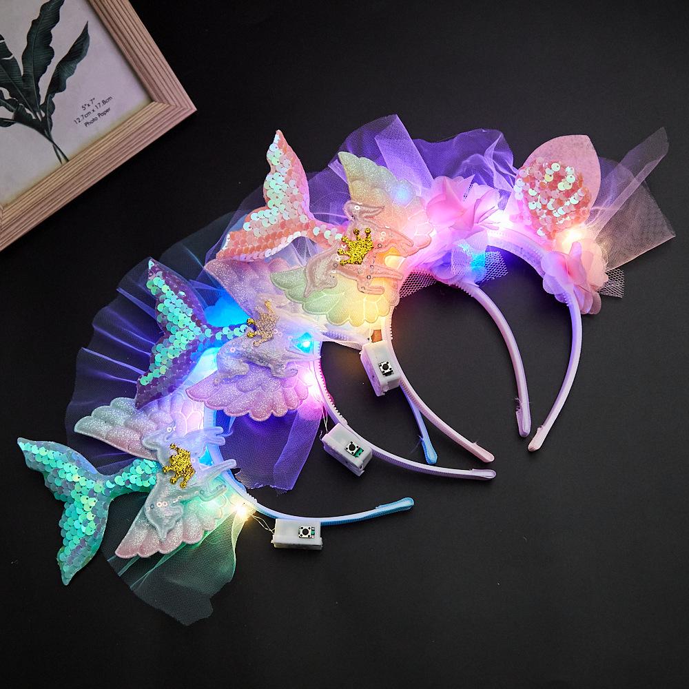 1pcs Women Girl LED Hawaii Hawaiian Lei Headband Glow Light Up Bridesmaids Bridal Flower Crown Wreath Birthday Wedding Party