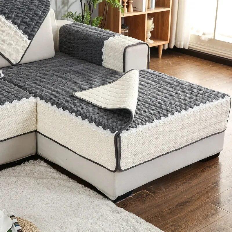 Winter Thicken Plush Sofa Cover White Wide Edge  Chaise Lounge Sofa Towel Mat Modern Non-Slip Couch Cover Cushions Living Room