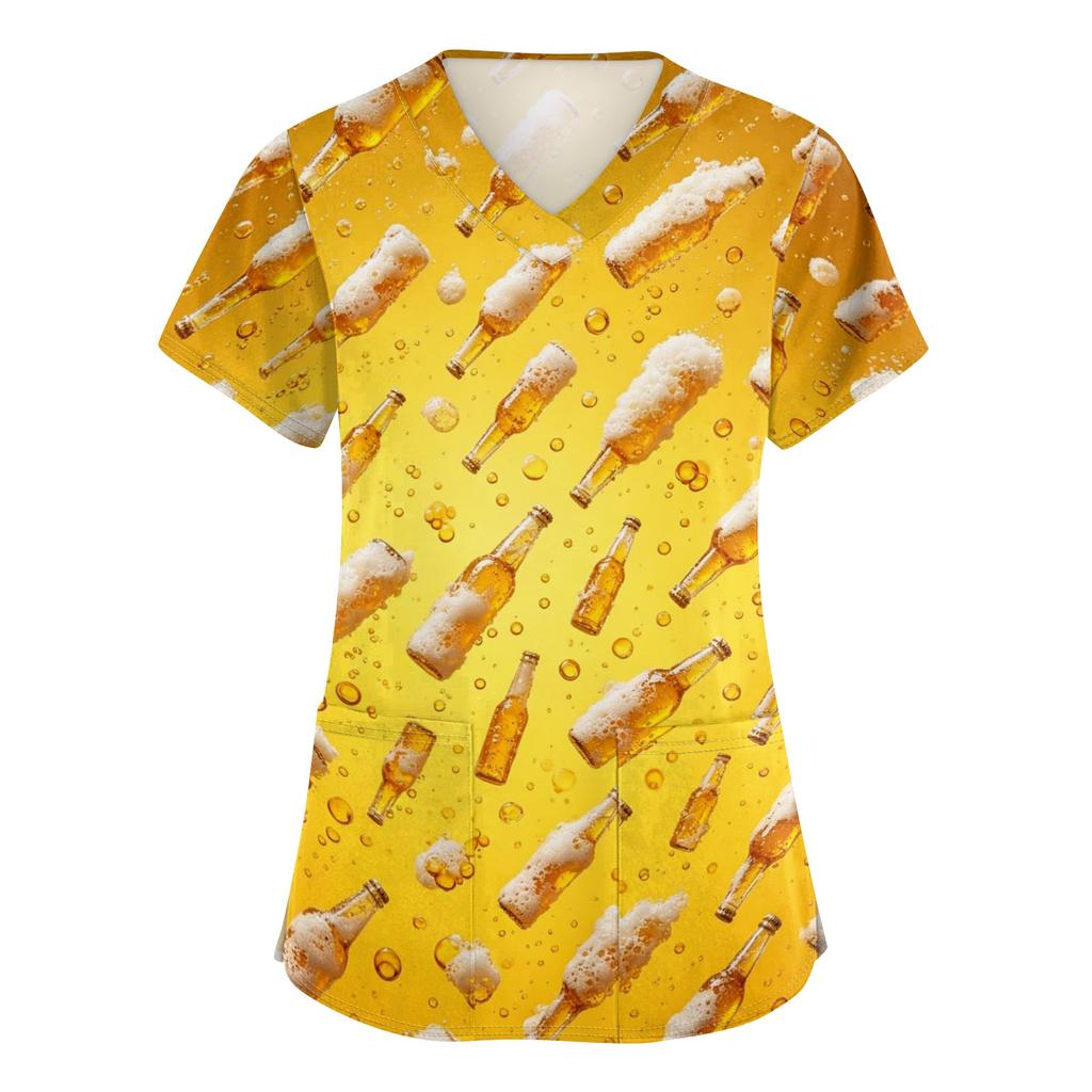 Women V Neck Short Sleeve Work Shirt with Pockets Beer Festival Print Top Nurse Scrub Uniform for Healthcare Professionals
