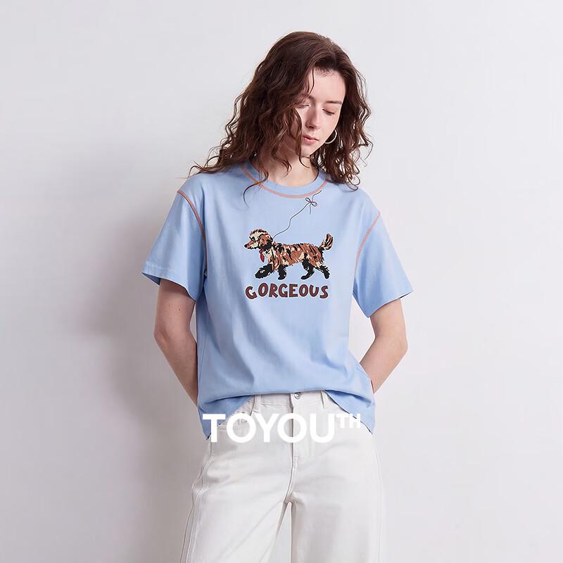 Chuyu Women's Cotton T-Shirt with Dog & Letter Print