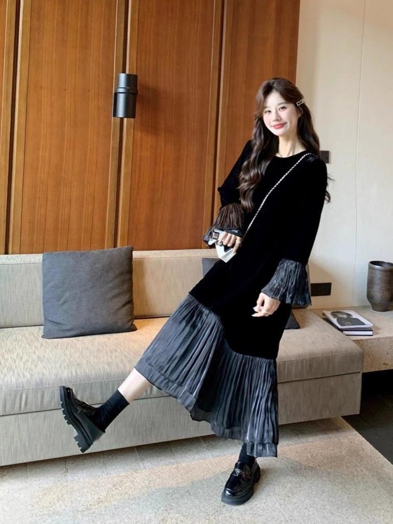 Golden Velvet Dress Women Autumn New Style Round Neck Fitted Waist Slimming Patchwork Mesh Long Sleeve Fishtail Dress