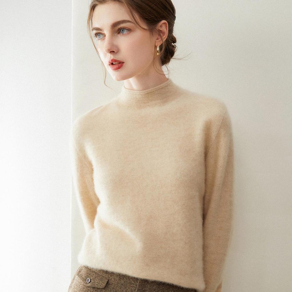 Women's 100% Pure Cashmere Half-High Neck Rolled Hem Sweater: Soft, Warm, Versatile Pullover Knit.