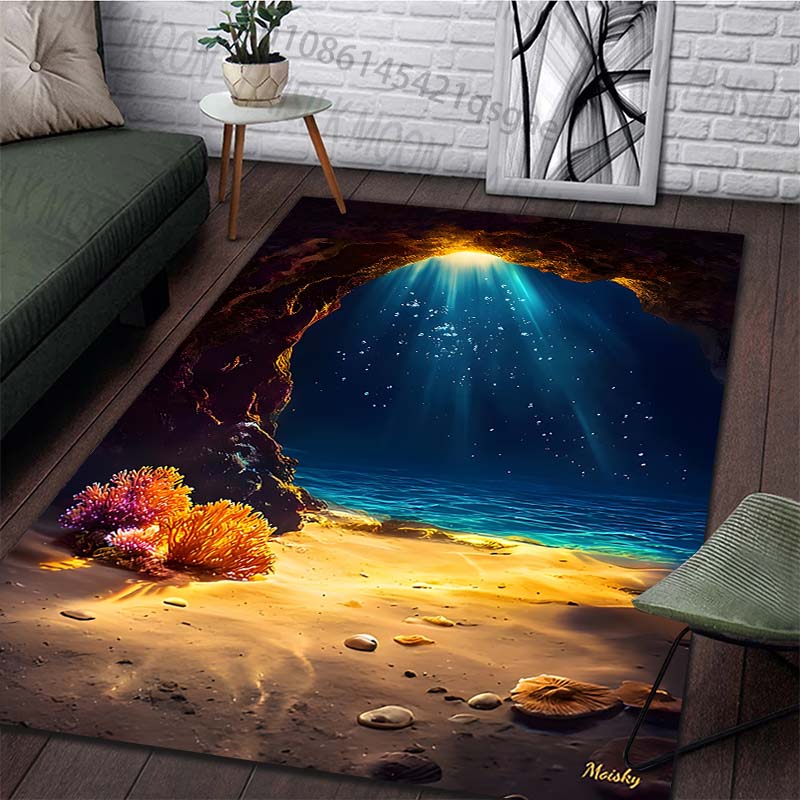 1PC Underwater cave sunlight seafloor Print Carpet Rug for Living Room Bedroom Sofa Doormat Home Decor Non-slip Floor Mat
