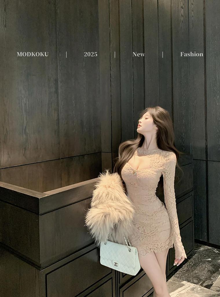 MODKOKU Floral Open Korean Sweet Wedding Long Size M Women's All-Lace Dress, V-Neck, Lace, Neck, Sexy, Sheer, Style, Elegant, Dress, Stylish, Cute,