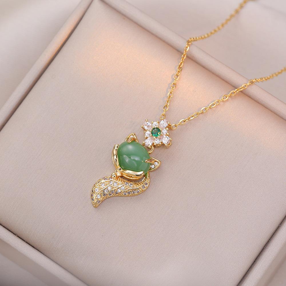 Fashion Cute Colorful Stone Fox with Zircon Necklace for Women Vintage Stainless Steel Chain Party Accessories Jewelry Gifts