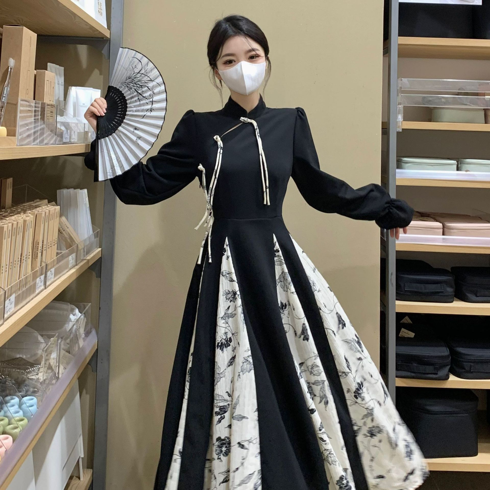 

New Chinese national style improved cheongsam dress autumn small black waist thin buckle stand-up collar S чёрный