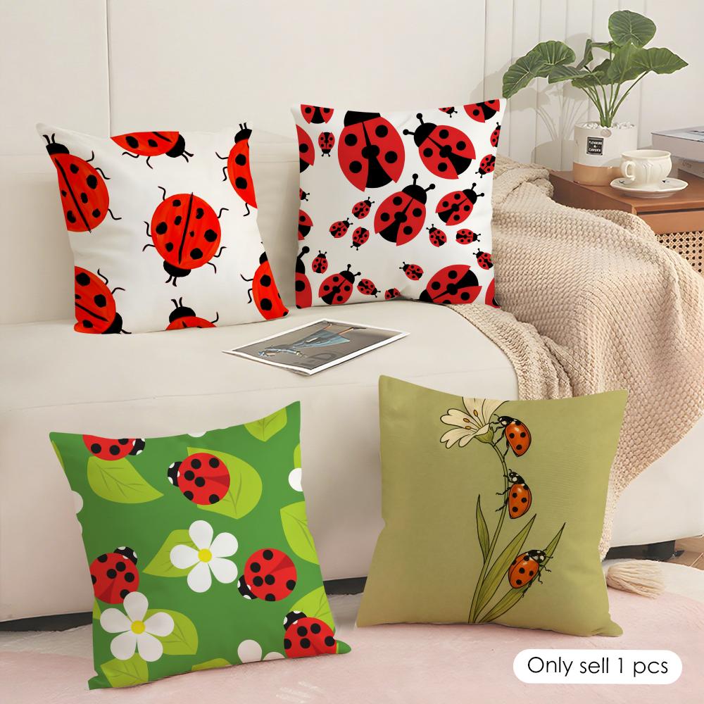 Cute Cartoon Ladybug Cushion Cover Silky Short Plush Sofa Pillow Cover Hidden Zipper Soft Dustproof Case For Home Decor