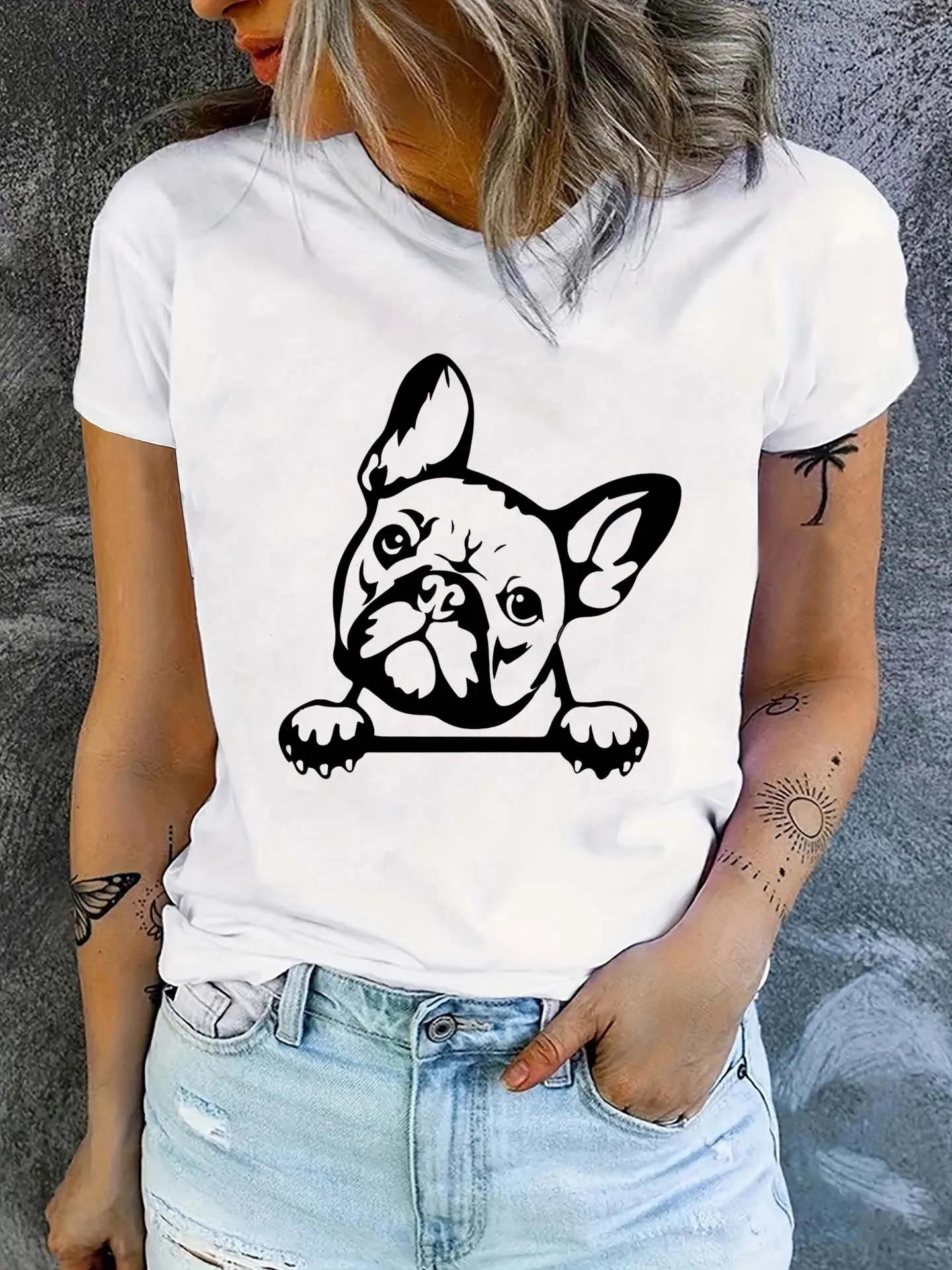 Summer Spring Womens Clothing Dog Print Tshirt Sleeve Crew Neck Casual Aesthetic Clothes S
