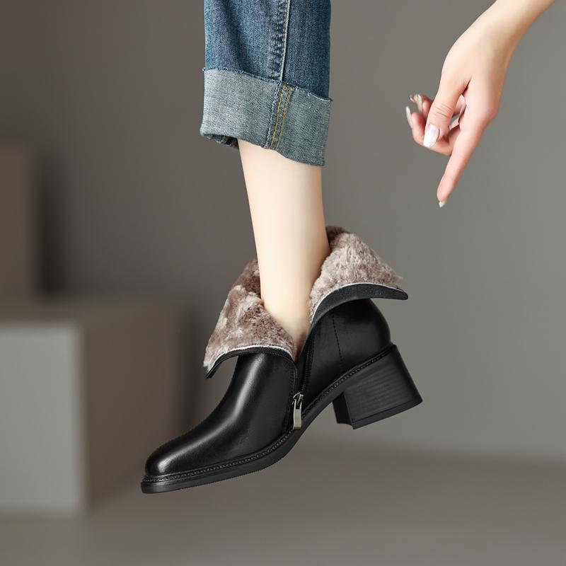 Fashion Women's new winter round head genuine leather cowhide warm fur integrated high heels, plus size calf snow boots, short boots