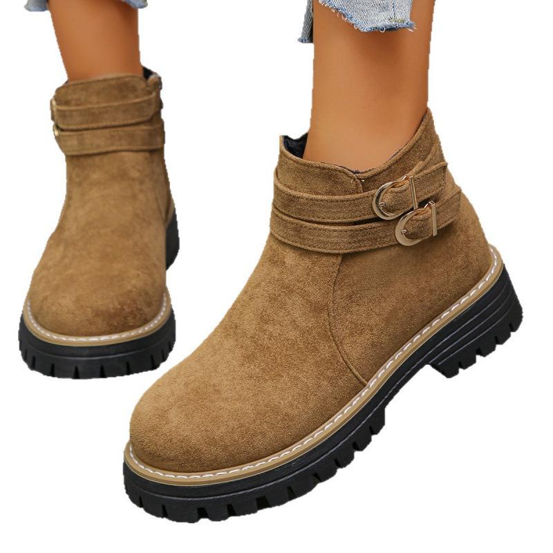 Autumn European and American new thick-soled suede short Martin boots large size buckle side zipper retro single boots