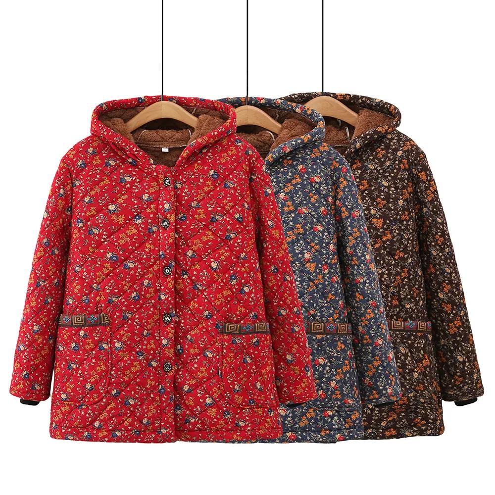 Women's Winter Plus Size Fleece-Lined Warm Coat Hooded Casual Jacket for Middle-Aged and Elderly Women