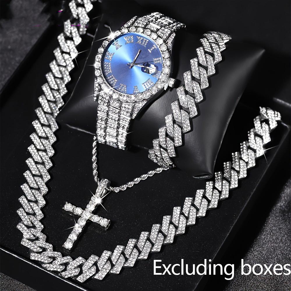 16mm Hip Hop Miami Cuban Link Chain Set Necklace +Watch+Bracelet Creative Iced Out Shiny Trendy Stylish Jewelry For Women Men