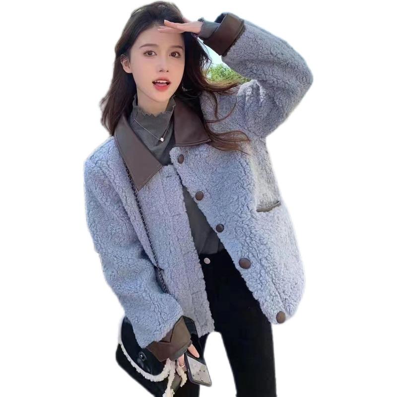 

Новое пальто из овечьей шерсти с лацканами, утолщенное, зимнее, короткий топ, хлопковая подкладка, для девочки XL XL size recommended 130-73 kg небесно-голубой