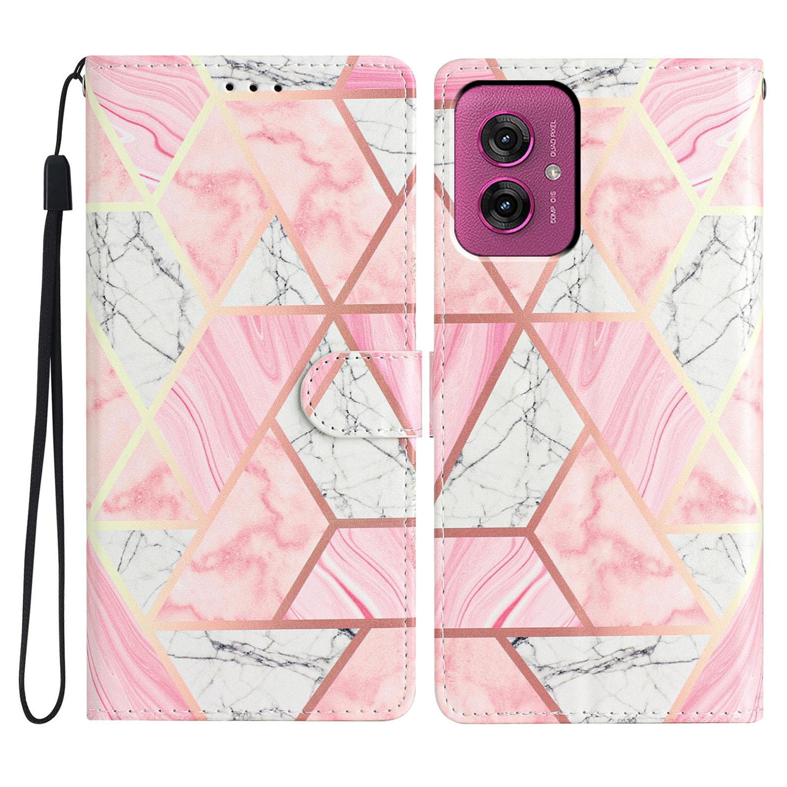 

For Motorola Moto G55 5G Wallet Case PU Leather Pattern Printing Stand Phone Cover with Strap Pink Marble