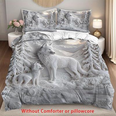 2/3Pcs 3D White Wolf Animal Print Duvet Cover Set Wolf Forest Nature Theme Bedding with Pillowcases for Bedroom Dorm Guest Room