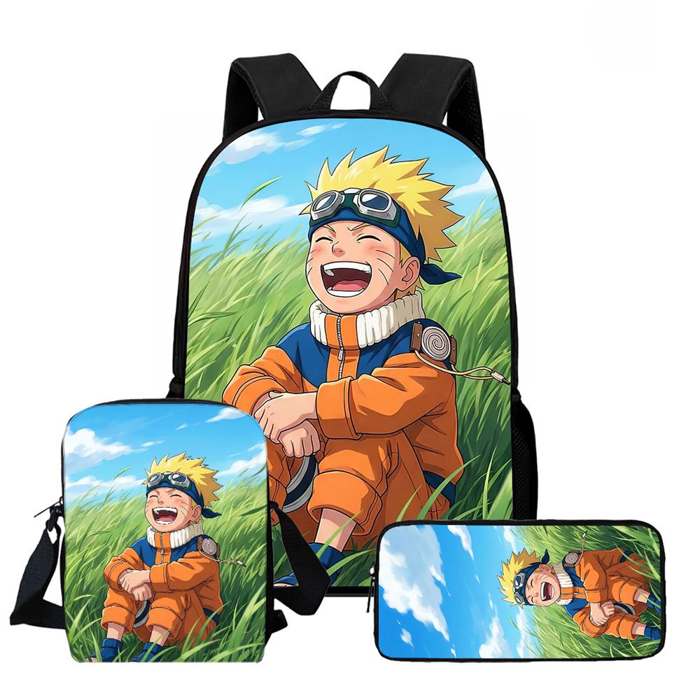 3Pcs Set Kids Backpack with Crossbody Bag & Pencil Bag, Cartoon NARUTO Lightweight School Bag for Boys & Girls Aged 5-9