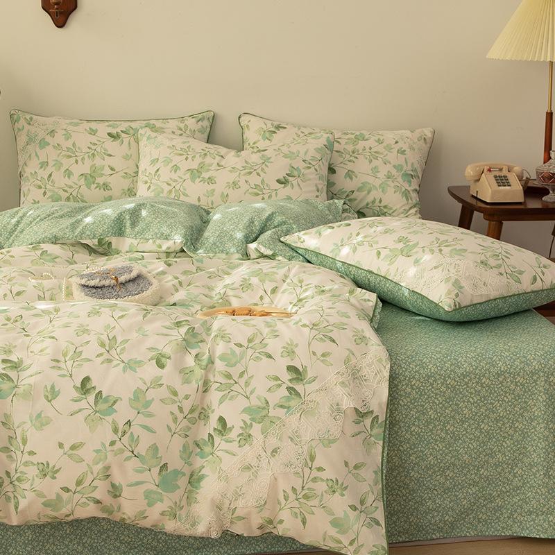 Vierteiliges Bettlaken aus reiner Baumwolle mit Blumenmuster, dreiteiliges Set mit kleinem, frischem Baumwollbett im Prinzessinnen-Stil