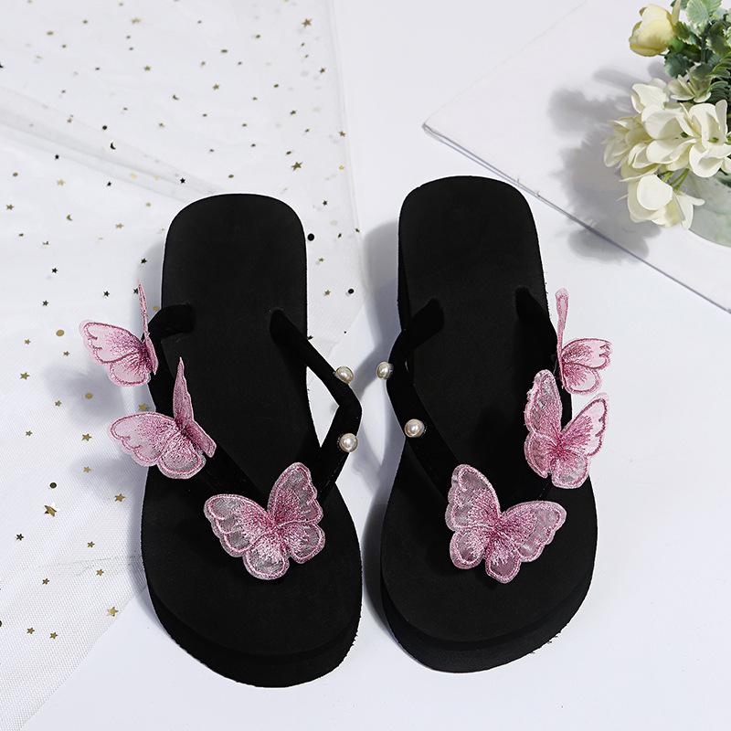 

2025 foreign trade new European and American butterfly flip-flops women s thick bottom slope heel with pearl large size beach sandals 36 зелёный