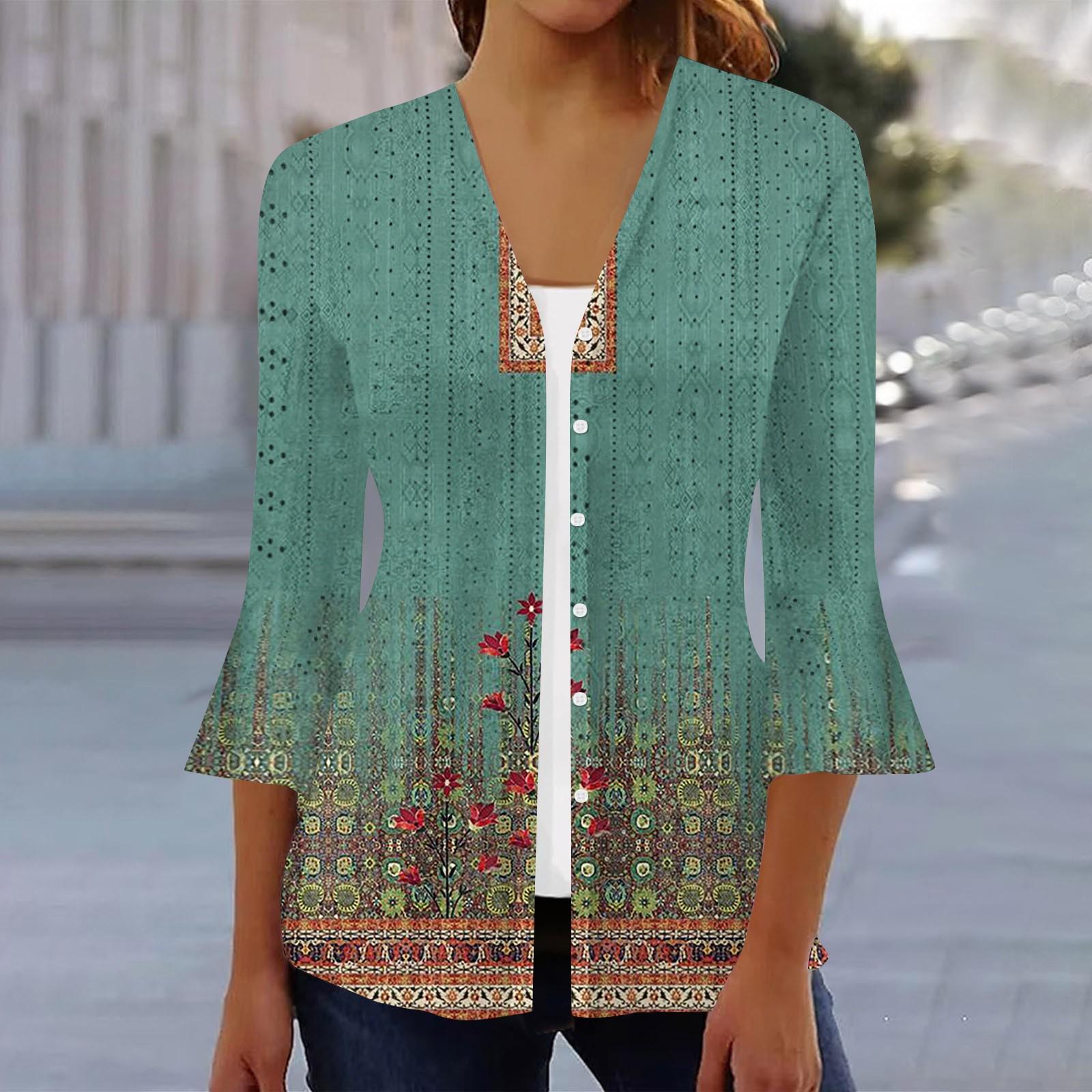 

Женская мода свободный повседневный принт с рукавом три четверти рубашка на пуговицах кардиган топ XXXL