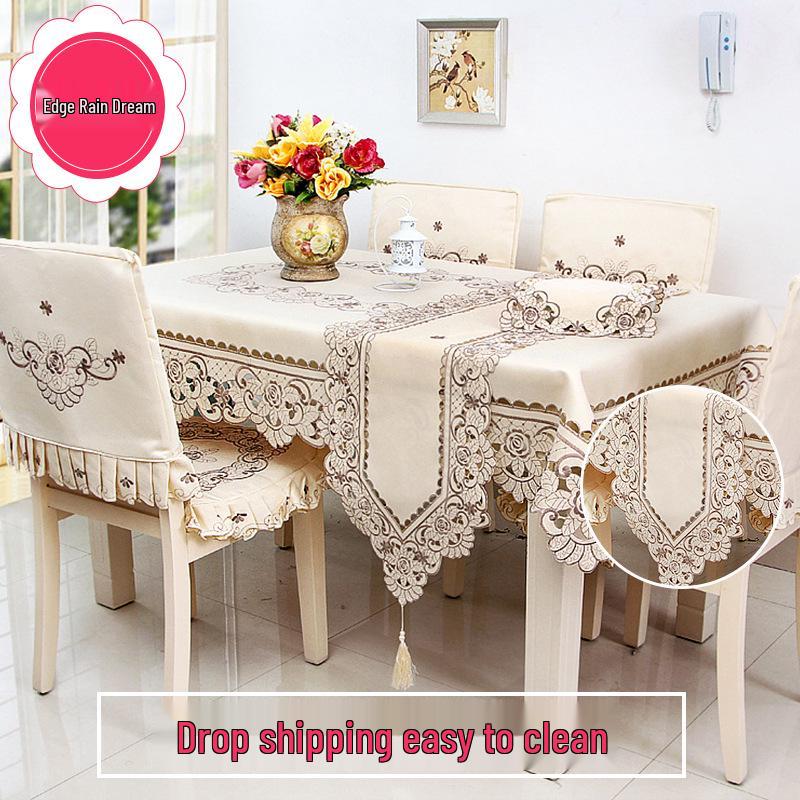 Pastoral Embroidery Tablecloth & Dining Chair Cover - Dustproof Fabric for Coffee & Dining Tables