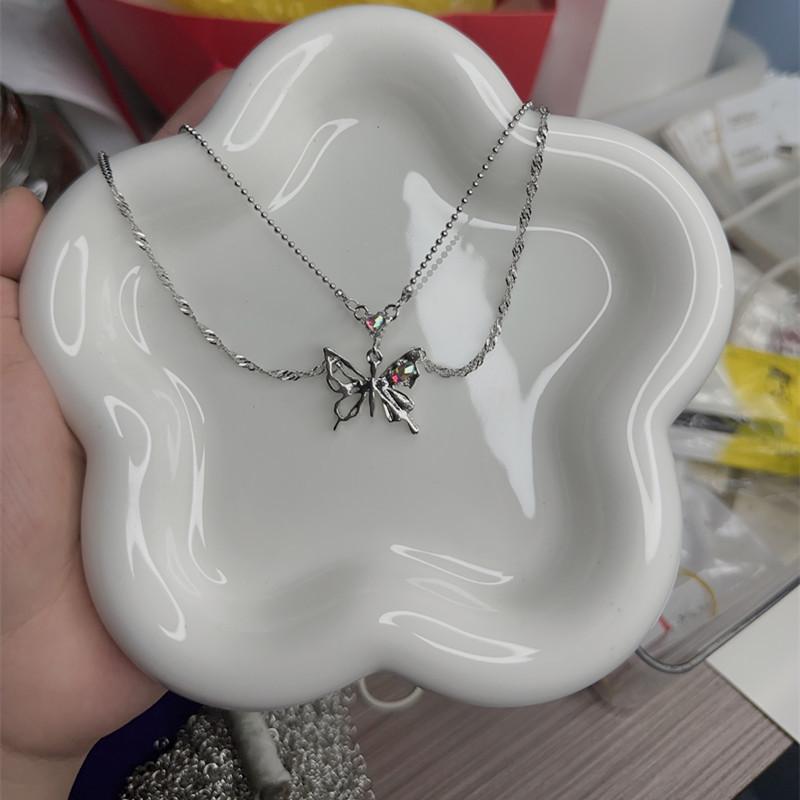 Korean Version Double-Layer Butterfly Necklace Xiaohongshu Same Niche INS Temperament Stacked Clavicle Chain Versatile Sweater Neck Chain