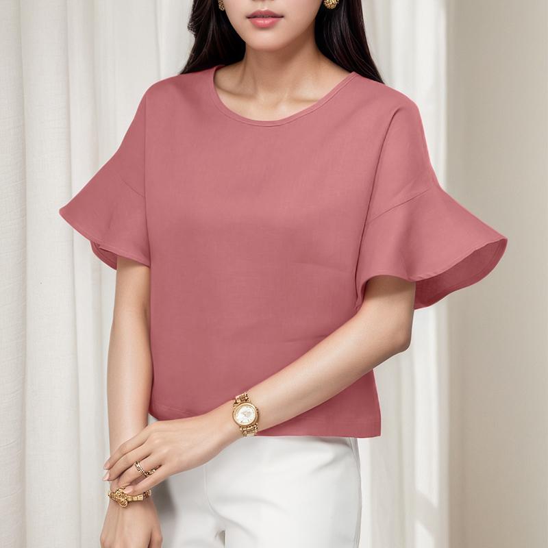 

ZANZEA Женская повседневная блузка с круглым вырезом, свободного кроя, с оборками, с коротким рукавом, однотонная S камео розовый