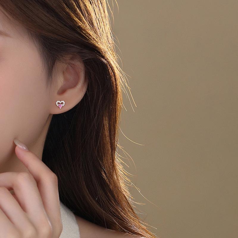 925 Silver Jewelry Pink Crystal Sweet Love Heart Stud Earrings for Women Wedding Party Jewelry For Girls Friend Gift