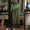 Retro Artistic Green Tassel Half Skirt - Cotton Linen with Color Blocking & Double Layer Design