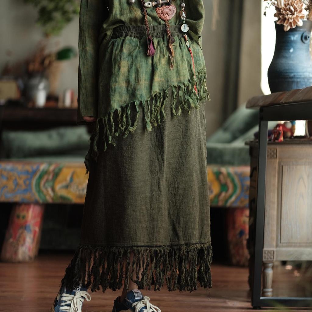 Retro Artistic Green Tassel Half Skirt - Cotton Linen with Color Blocking & Double Layer Design