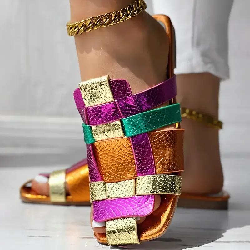 Hot - Selling Streetwear - Style Sandals | Colorful Snakeskin Woven Slides with Gold Cuban Anklets
