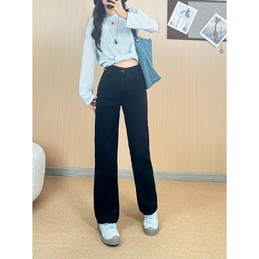 Elastic wide-leg jeans women's new spring high-waisted loose and narrow version retro straight-leg pants women's jeans