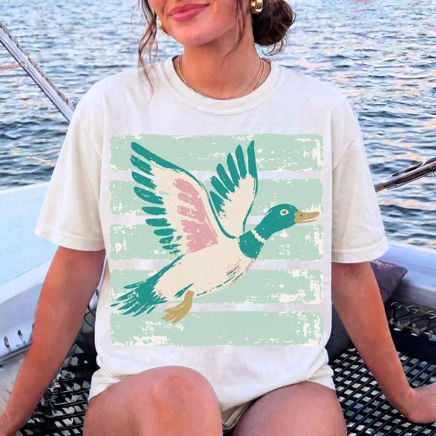 Watercolor Greenheaded Flying Duck Graphic Tee Pattern Print Short Sleeve Tshirt Casual Everyday Summer Wear For Unisex Unisex