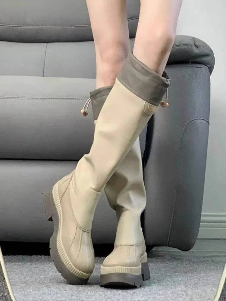 Long Boots Women Autumn New Women'S Thick Platform Knee High Boots Adjustable Cuff Leather Bootcut Boots For Petites