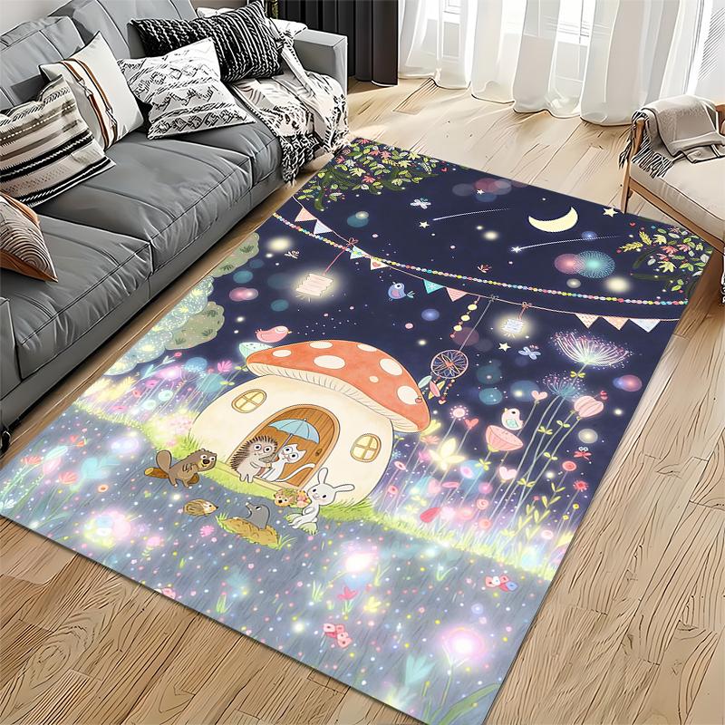 Whimsical Night Forest Carpet with Animals and Mushroom House Suitable for Use As an Anti-slip for Living Room Bedroom Sofas