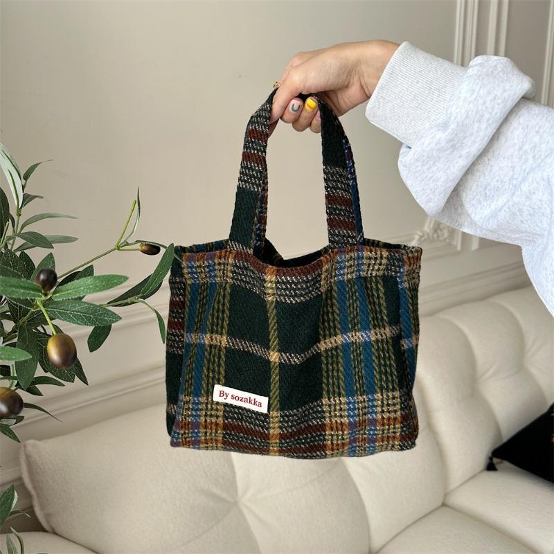 

11 Текстурированная шерстяная сумка большой вместимости Женская сумка-тоут для поездок на работу Новая клетчатая портативная сумка через плечо