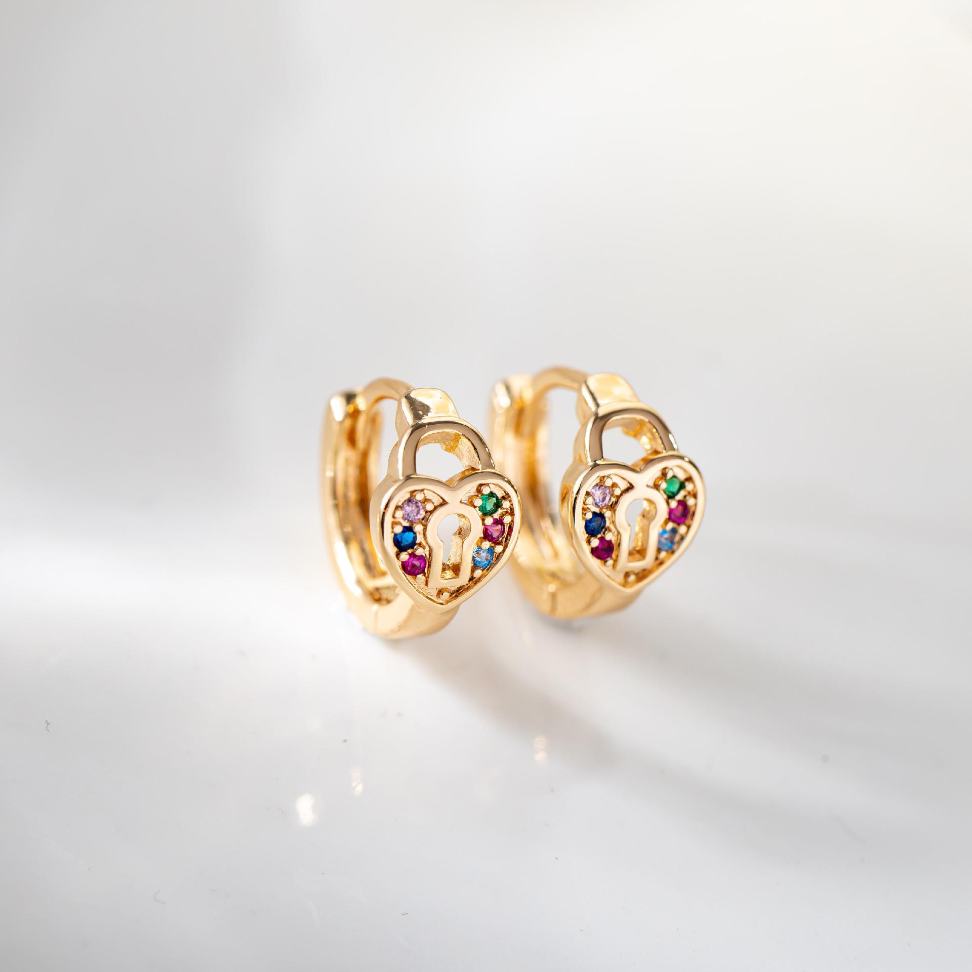 Colored Zircon Heart Lock Earrings: Trendy High-End Japanese-Korean Studs, Women s Fashion Jewelry Accessories