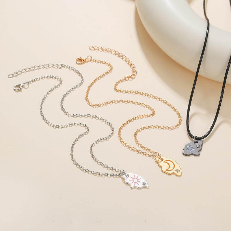 Sun Moon Stars Puzzle Necklace Set 3 Pcs Rhinestone Inlaid Trendy Jewelry for Casual Wear Party BFF Couple Gift